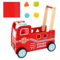 SOKA Wooden Fire Engine Rider and Push Along Toy with Shape Blocks Baby Toddler First Step Activity Walker Push & Pull Walking Wagon Gift for Kids Children Boys Ages 1 year old +