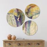 East Urban Home Designart 'Elephant Colors' Cottage Wood Wall Art Set Of 3 Circles Wood in Brown/Indigo | 34 H x 44 W x 1 D in | Wayfair