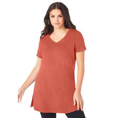 Plus Size Women's Short-Sleeve V-Neck Ultimate Tunic by Roaman's in Sunset Coral (Size 2X) Long T-Shirt Tee