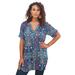 Plus Size Women's Short-Sleeve Angelina Tunic by Roaman's in Navy Mirrored Medallion (Size 22 W) Long Button Front Shirt