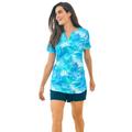 Plus Size Women's Split-Neck Short Sleeve Swim Tee with Built-In Bra by Swim 365 in Blue Multi Leaves (Size 38)