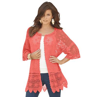 Plus Size Women's Scallop-Trim Crochet Cardigan by Roaman's in Sunset Coral (Size S)