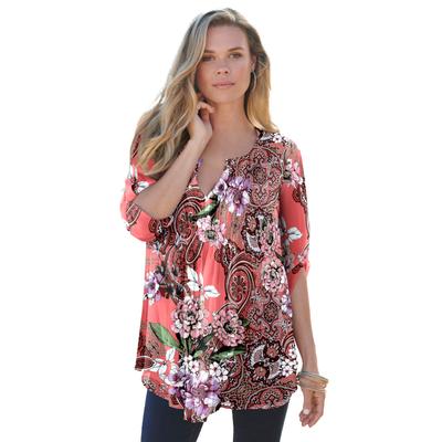 Plus Size Women's Tara Pleated Big Shirt by Roaman's in Sunset Coral Paisley Garden (Size 12 W) Top