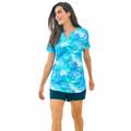 Plus Size Women's Split-Neck Short Sleeve Swim Tee with Built-In Bra by Swim 365 in Blue Multi Leaves (Size 14)