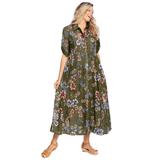 Plus Size Women's Roll-Tab Sleeve Crinkle Shirtdress by Woman Within in Dark Basil Floral (Size 20 W)