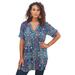 Plus Size Women's Short-Sleeve Angelina Tunic by Roaman's in Navy Mirrored Medallion (Size 44 W) Long Button Front Shirt