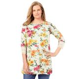 Plus Size Women's Crochet-Trim Three-Quarter Sleeve Tunic by Woman Within in Ivory Yellow Watercolor Floral (Size 22/24)