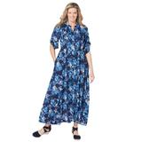 Plus Size Women's Roll-Tab Sleeve Crinkle Shirtdress by Woman Within in Navy Painterly Bouquet (Size 18 W)