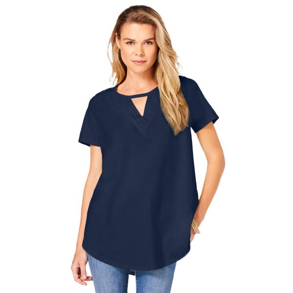 plus-size-womens-keyhole-pleated-short-sleeve-ultimate-tee-by-roamans-in-navy--size-14-16-/