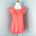 Anthropologie Tops | Anthropologie Isato Embroidered Sheer Top Small Neon Coral Square Neck Scalloped | Color: Pink | Size: S