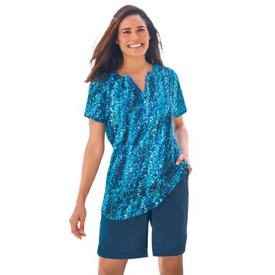 Plus Size Women's Split-Neck Short Sleeve Swim Tee with Built-In Bra by Swim 365 in Aqua Abstract (Size 32)