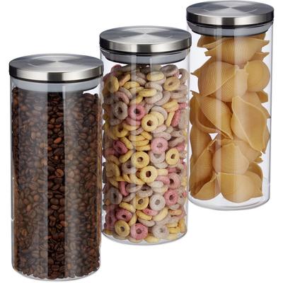 Vorratsglas 3er Set, 1,3 l, luftdicht, Edelstahl Deckel, für Pasta, Müsli & Reis, Küchenbehälter,