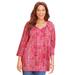 Plus Size Women's Sequin Trim Gauze Peasant Blouse by Catherines in Pink Burst Textured Stencil (Size 6X)