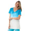 Plus Size Women's Short-Sleeve V-Neck Embroidered Dip Dye Tunic by Woman Within in Pretty Turquoise Ombre (Size 3X)