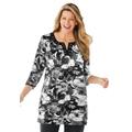 Plus Size Women's 7-Day Three-Quarter Sleeve Grommet Lace-Up Tunic by Woman Within in Black Graphic Floral (Size L)