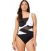 Plus Size Women's Mesh Colorblock Wrap One Piece Swimsuit by Swimsuits For All in Black White (Size 10)