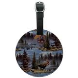 Moose Cabin Forest Woods Canoe Pattern Round Leather Luggage Card Suitcase Carry-On ID Tag