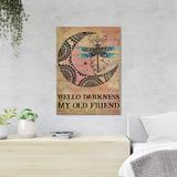 Trinx Colorful Dragonfly w/ Melody - Hello Darkness My Old Friend - 1 Piece Rectangle Graphic Art Print On Wrapped Canvas in Brown/Green | Wayfair