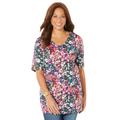 Plus Size Women's Easy Fit Short Sleeve V-Neck Tunic by Catherines in Classic Red Blooming Floral (Size 1X)