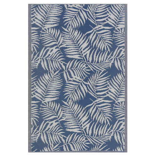 Outdoor Teppich Blau/Weiß Polypropylen 120x180 cm Palmen-Muster Jacquardgewebt Rechteckig Kurzflor Gartenaccessoires Terrasse Wohnzimmer