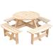 Round Natural Wooden Patio Picnic Table w/ Integrated Benches
