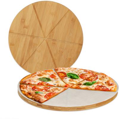 Pizzabrett Bambus 2er Set, runde Pizzateller 33 cm ø, inkl. Backpapier, Pizza Schneidebrett mit