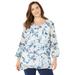 Plus Size Women's Floral Pintuck Peasant Top by Catherines in Light Aqua Abstract Floral (Size 2XWP)