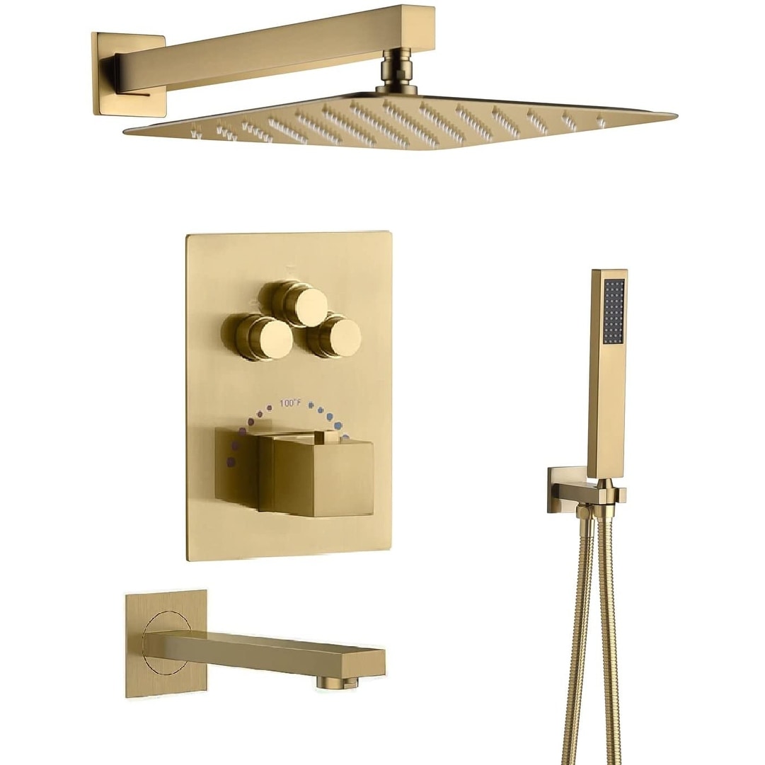 Brushed Gold Wall Mount 12" Rainfall Shower Head 3 Way Thermostatic Faucet Set w/ Tub Spout - Brushed Gold