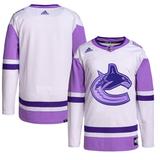 Men's adidas White/Purple Vancouver Canucks Hockey Fights Cancer Primegreen Authentic Blank Practice Jersey