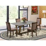 East West Furniture Table Set- a Wooden Table and Coffee Linen Fabric Chairs, Distressed Jacobean(Pieces Options)