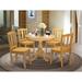 East West Furniture Dining Set- A Round Dining Room Table with Pedestal and Wood Seat Chairs, (Finish & Pieces Options)