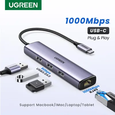 UGREEN – adaptateur Ethernet type-c 1000Mbps carte réseau HUB USB-C vers USB3.0 RJ45 pour