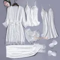 Ensemble pyjama en soie blanche pour femmes 5 pièces Robe de mariée Chemise de nuit Sexy en