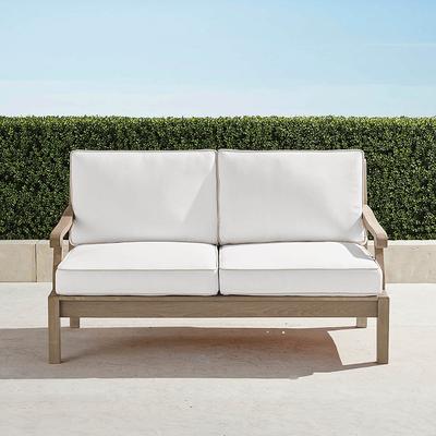 Cassara Loveseat with Cushions in Weathered Teak - Standard, Resort Stripe Leaf - Frontgate