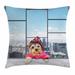 East Urban Home Ambesonne Funny Throw Pillow Cushion Cover, Whimsical Little Dog In A Starry Raincoat On Window Big City Panorama Scene | Wayfair
