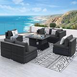 Latitude Run® 7-Piece Outdoor Patio Wicker Sofa Set w/ Firepit Table & Cushions Synthetic Wicker/All - Weather Wicker/Metal/Wicker/Rattan/Rust | Wayfair