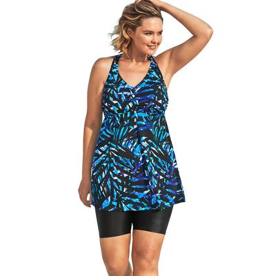 Plus Size Women's Longer Length Braided Tankini Top by Swim 365 in Blue Painterly Leaves (Size 38)