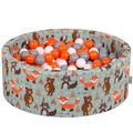KiddyMoon Soft Ball Pit Round 90X30cm/300 Balls ∅ 7Cm / 2.75In For Kids, Foam Ball Pool Baby Playballs Children, Fox-Green:Orange/Grey/White