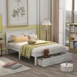 Modern Pine Full Size Platform Bed with Under bed Drawers, White