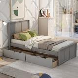 Modern Pine Platform Storage Bed, 2 drawers with wheels, Twin Size Frame, Gray
