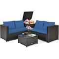 Costway 4 Pieces Outdoor Patio Rattan Furniture Set with Cushioned Loveseat and Storage Box-Navy
