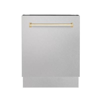 "ZLINE Autograph Edition 24"" 3rd Rack Top Control Tall Tub Dishwasher in DuraSnow Stainless Steel with Gold Handle, 51dBa (DWVZ-SN-24-G) - ZLINE Kitchen and Bath DWVZ-SN-24-G"