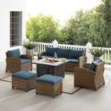 Bradenton 6Pc Outdoor Wicker Sofa Set W/Fire Table Navy/Weathered Brown - Tucson Fire Table, Sofa, 2 Armchairs & 2 Ottomans - Crosley KO70184WB-NV