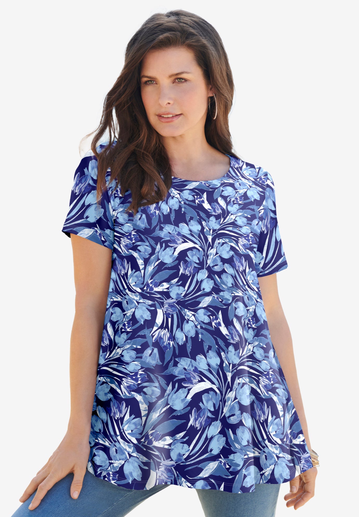 Plus Size Women's Plus Size Cotton Ultimate Swing Tee with Keyhole Back by Roaman's in Navy Watercolor Tulip (Size 3X) Short Sleeve T-Shirt