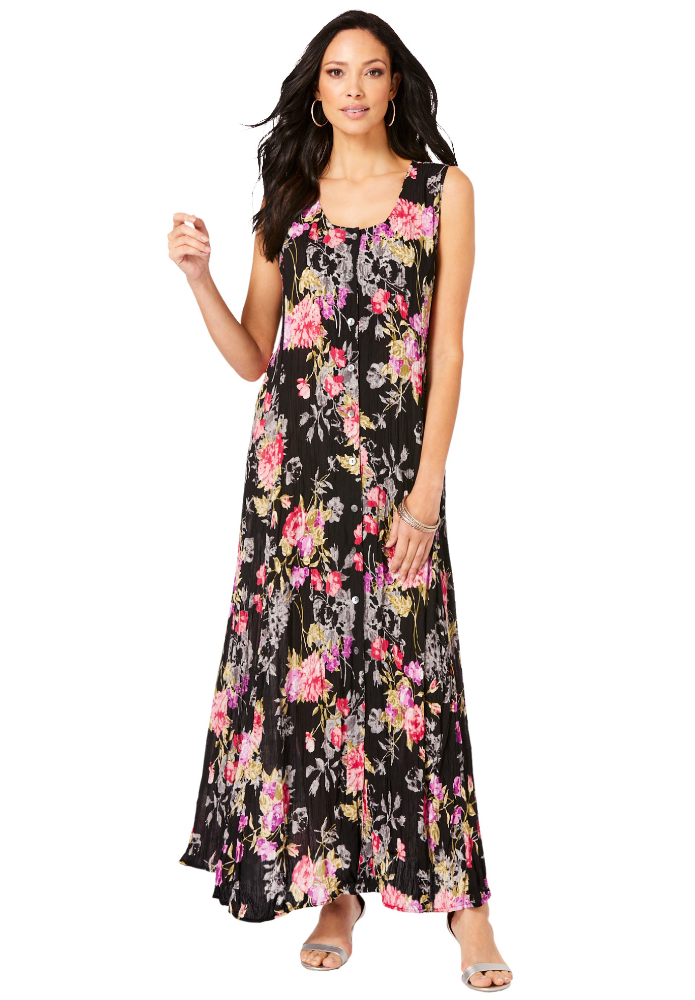 Plus Size Women's Plus Size Sleveless Hand-Crinkled Button-Front A-Line Maxi - Curvy Breezy Dress by Roaman's in Pink Painted Floral (Size 14/16)
