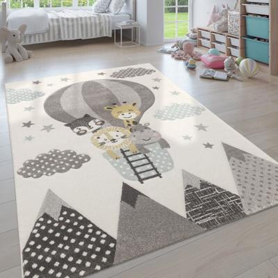 Kinderzimmer Teppich Blau Grau Heißluftballon Wolken Tiere 3-D Design Pastell 80x150 cm - Paco Home