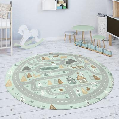 Paco Home Kinderteppich Teppich Kinderzimmer Spielmatte Straße Bär Elch Bäume Grün Grau 80 cm Rund