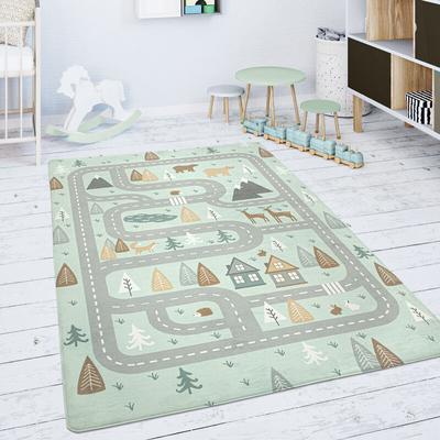 Kinderteppich Teppich Kinderzimmer Spielmatte Straße Bär Elch Bäume Grün Grau 150 cm Rund - Paco