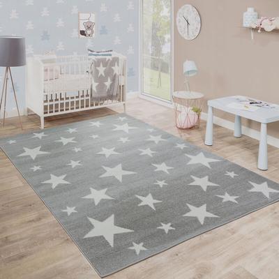 Moderner Kurzflor Kinderteppich Sternendesign Kinderzimmer Star Muster Grau Weiß 80x150 cm - Paco
