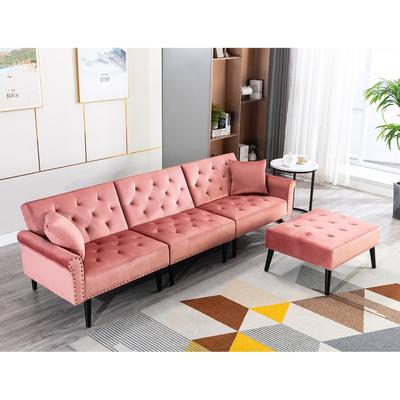 Convertible Velvet Sofa Couch, Sectional Sofa with Ottoman, Mid-Century Futon Sofa Bed - 32"D x 100.7"W x 29.9"H